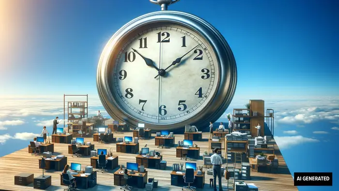 AI generated image of a large Dali-esque clock overseeing people working at their desks.