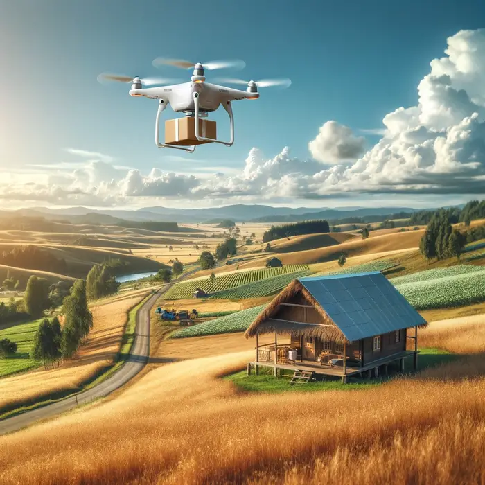 An AI-generated image of a drone delivering a package to a remote rural home. The landscape includes open fields and a clear sky, highlighting the potential for drone use in rural areas.