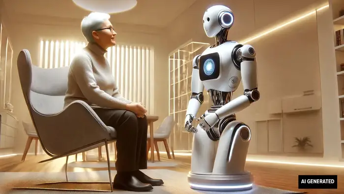 AI-generated image | an elderly woman talking to a robotic companion.