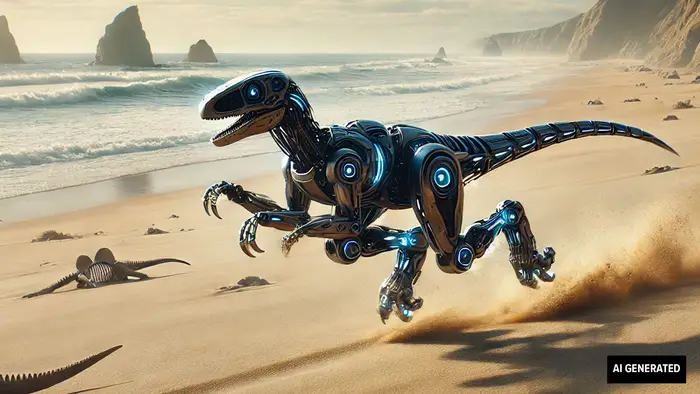 AI-generated image of a robotic velociraptor running on a beach, surrounded by fossilized dinosaurs.