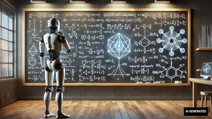 An android, standing in front of a chalkboard, thinking.