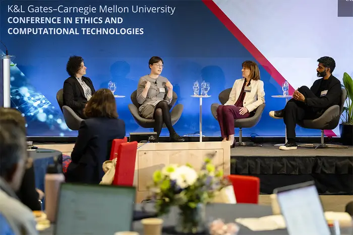 4 speakers onstage at the K&L Gates-CMU Conference in Ethics and Computational Technology.