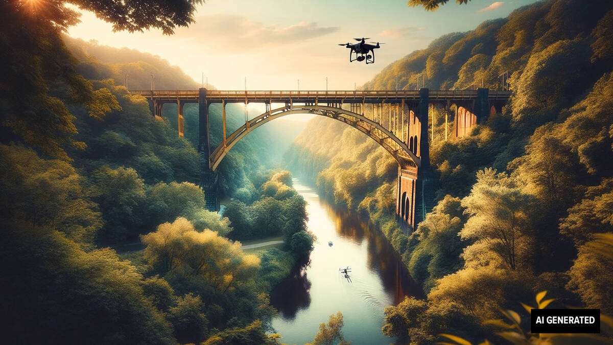AI generated image of bridge with water underneath and a drone flying above