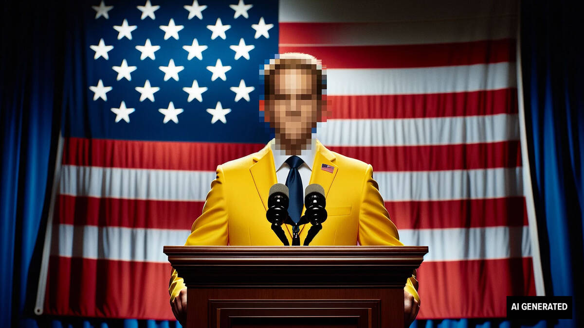 Person with a blurred face, wearing a yellow blazer in front of an American flag [AI Generated].