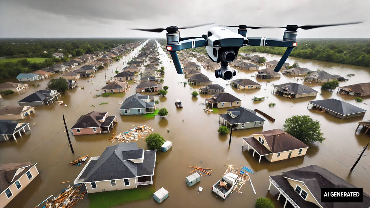 Drone flying over a flooded neighborhood.