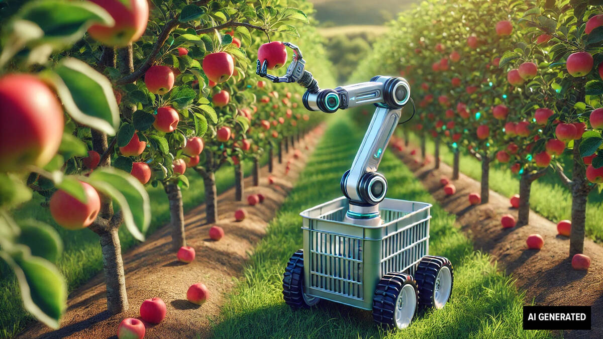 AI generated image of a robot picking an apple with artificial intelligence.