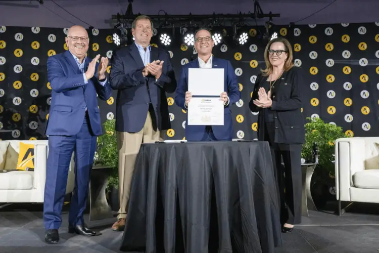 Farnam Jahanian, Gov. Josh Shapiro, Anthony Robbins , and Joan Gabel at the signing for CMU and NVIDIA Joint Research Center for Robotics, Autonomy & AI